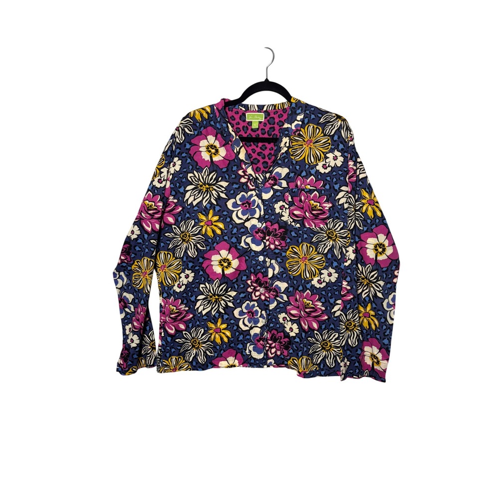 Vera‎ Bradley African Violet Top XL Blue Floral Leopard Print Cotton Maximalist